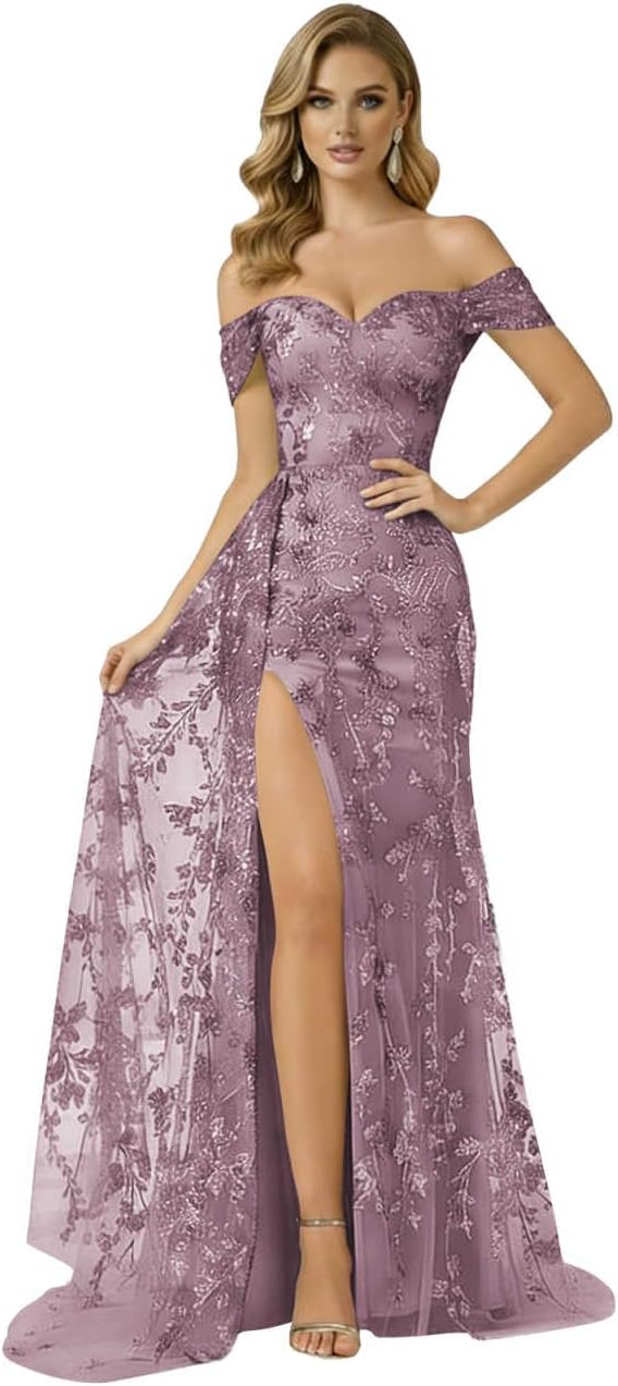 Off Shoulder Mermaid Prom Dresses for Teens Lace Appliques Formal Dress with Train High Slit Corset Evening Gowns