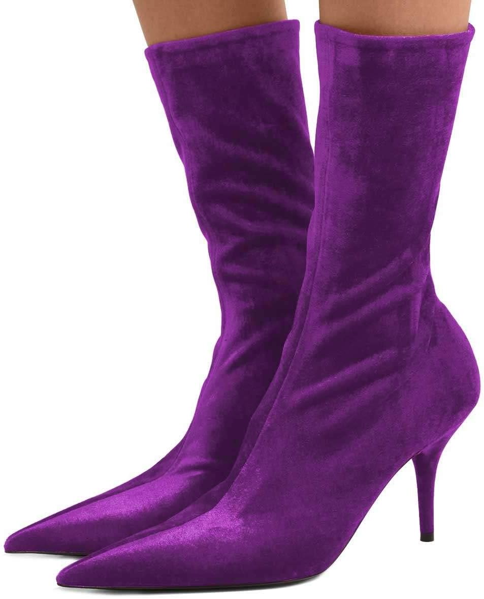 FSJ womens Pointed Toe High Heel Mid Calf Velvet Sock Boots Shoes Size 4-15 US
