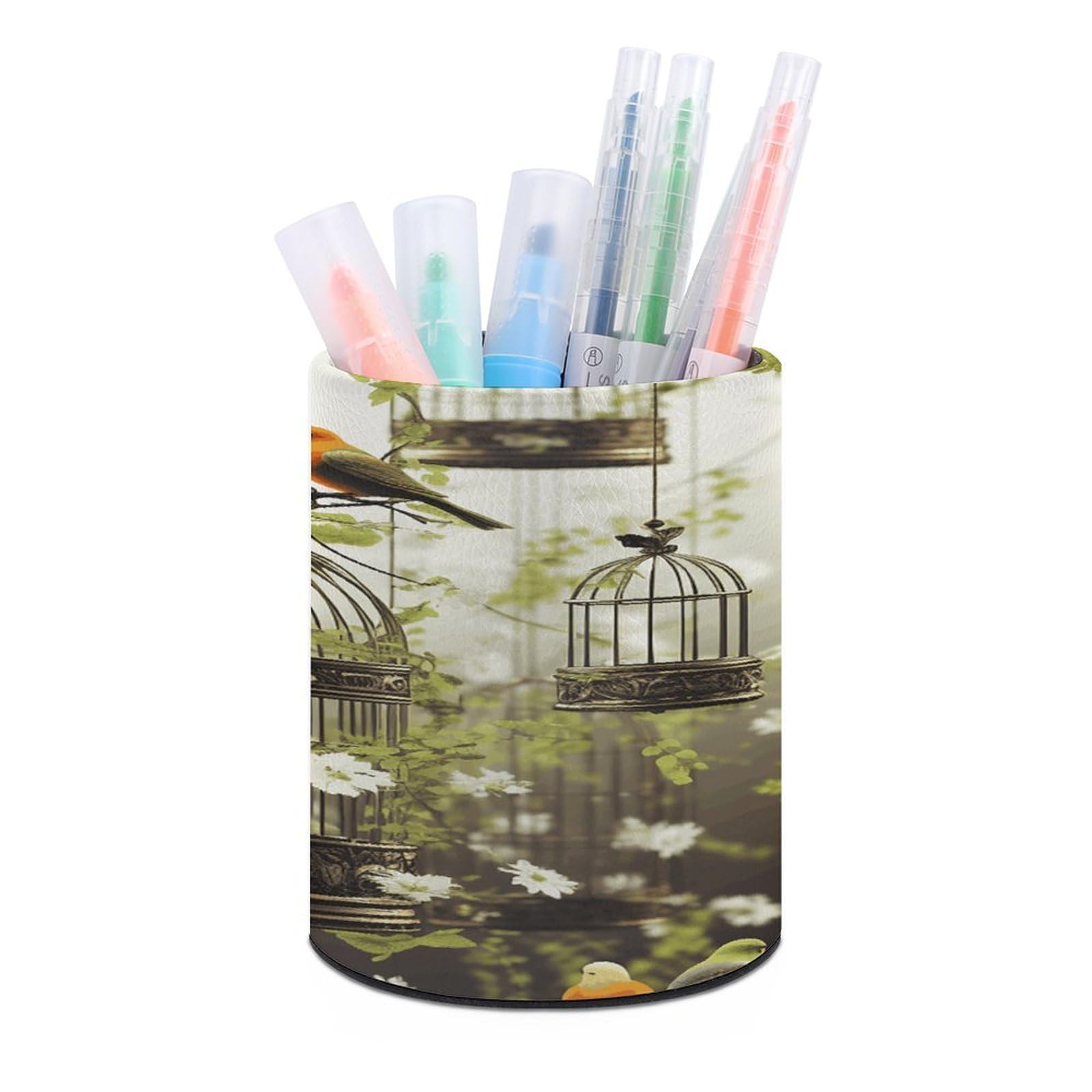 FekiLoot PU Leather Round Pen Holder Birdcages And Birds Pencil Holder Desk Organizer Pen Organizer Pen Cup Pencil Cup Caddy Desktop Stationery Organizers for Office Home Supplies
