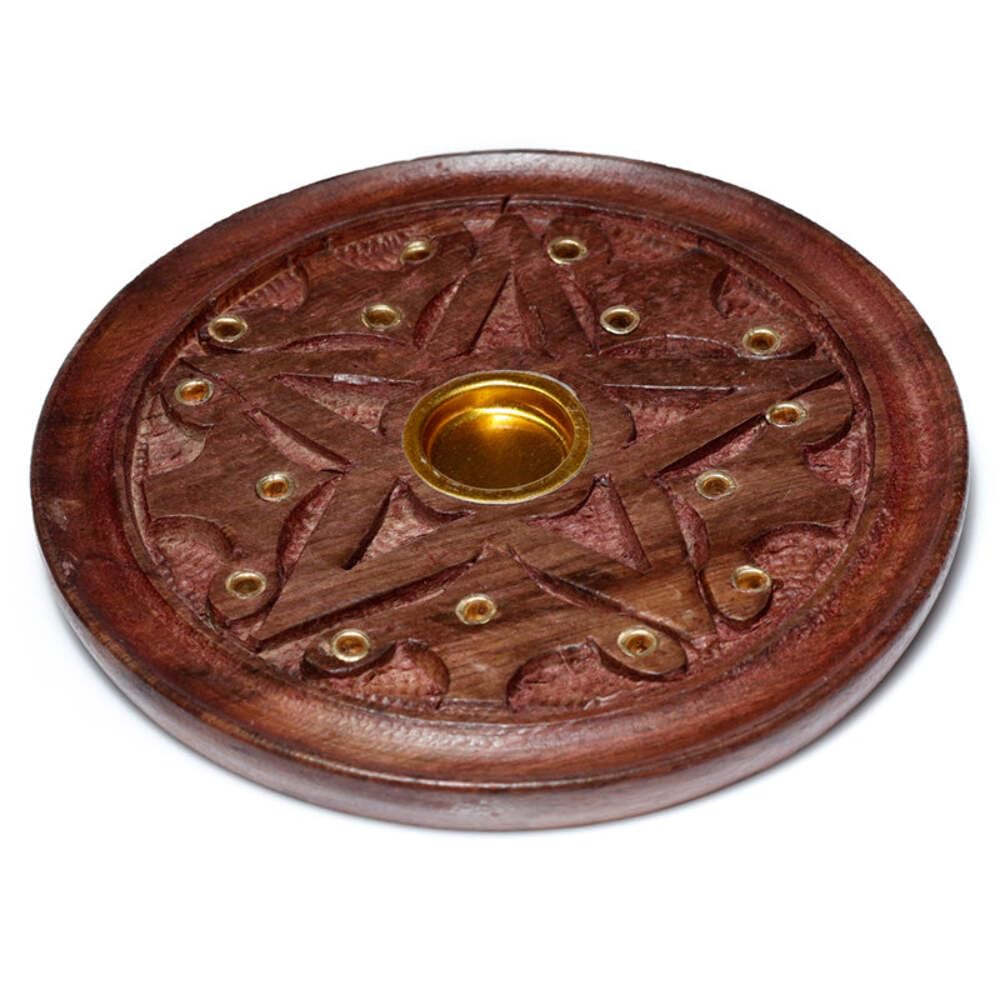 Puckator Sheesham Wood Round Ashcatcher Incense Burner with Carved Star - Zen Spiritual Modern Gothic Home Room Decor Decorations - Meditation Accessories - Stick Sticks Cone Holder Burner Burners
