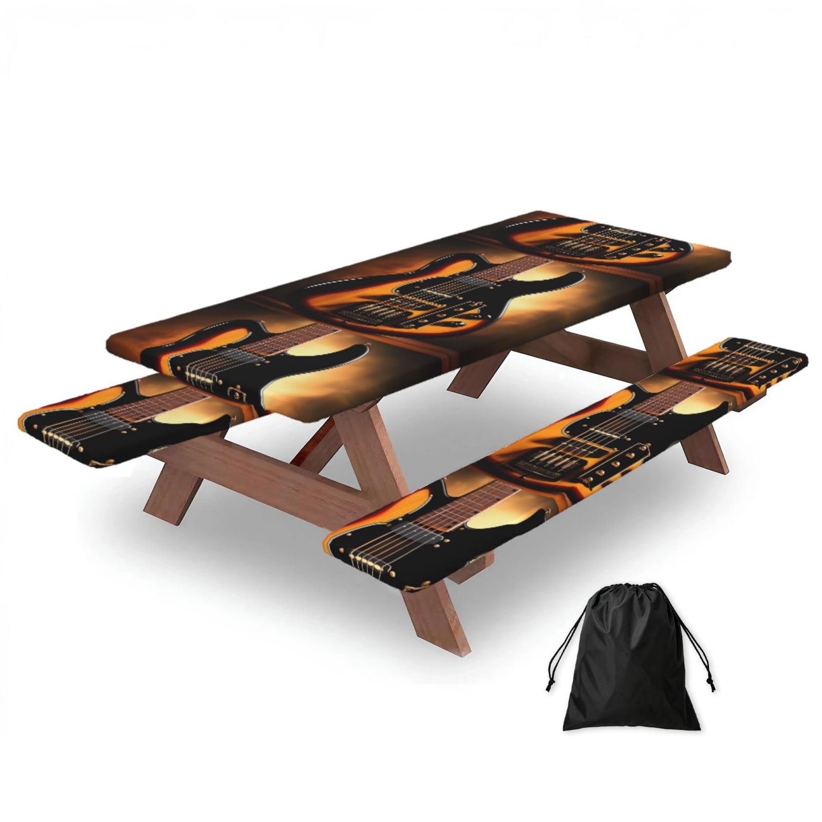 Erwqavc Black Instrumental Guitar Print Picnic Table Cover & Bench Covers 3-Pack Set, Elastic Tablecloths For 6 Ft Rectangle Tables