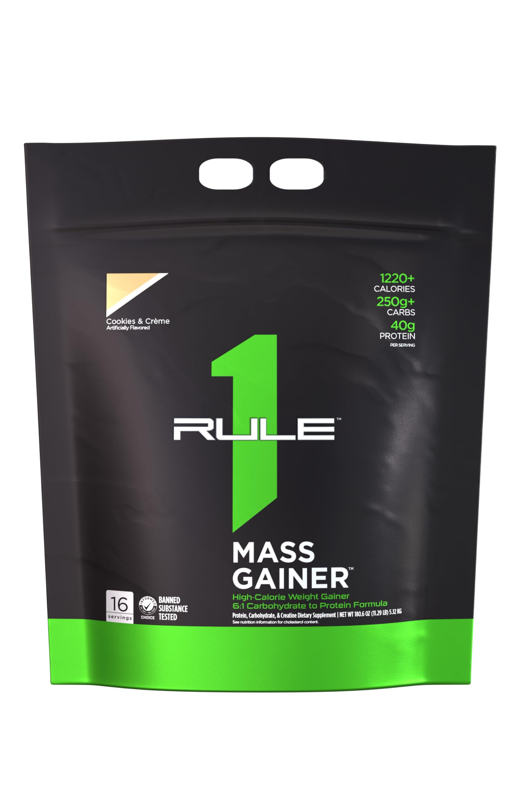 Rule1 Mass Gainer - High-Calorie Weight Gain Formula with 1,220+ Calories, 250g+ Complex Carb Blend, 40g All-Whey Protein Per Serving (16 Servings, Cookies & Crème)