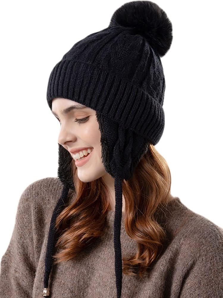 Womens Winter Knitted Beanie Hat Faux Fur Pom Pom Hat Warm Ear Flap Beanies Snow Cap