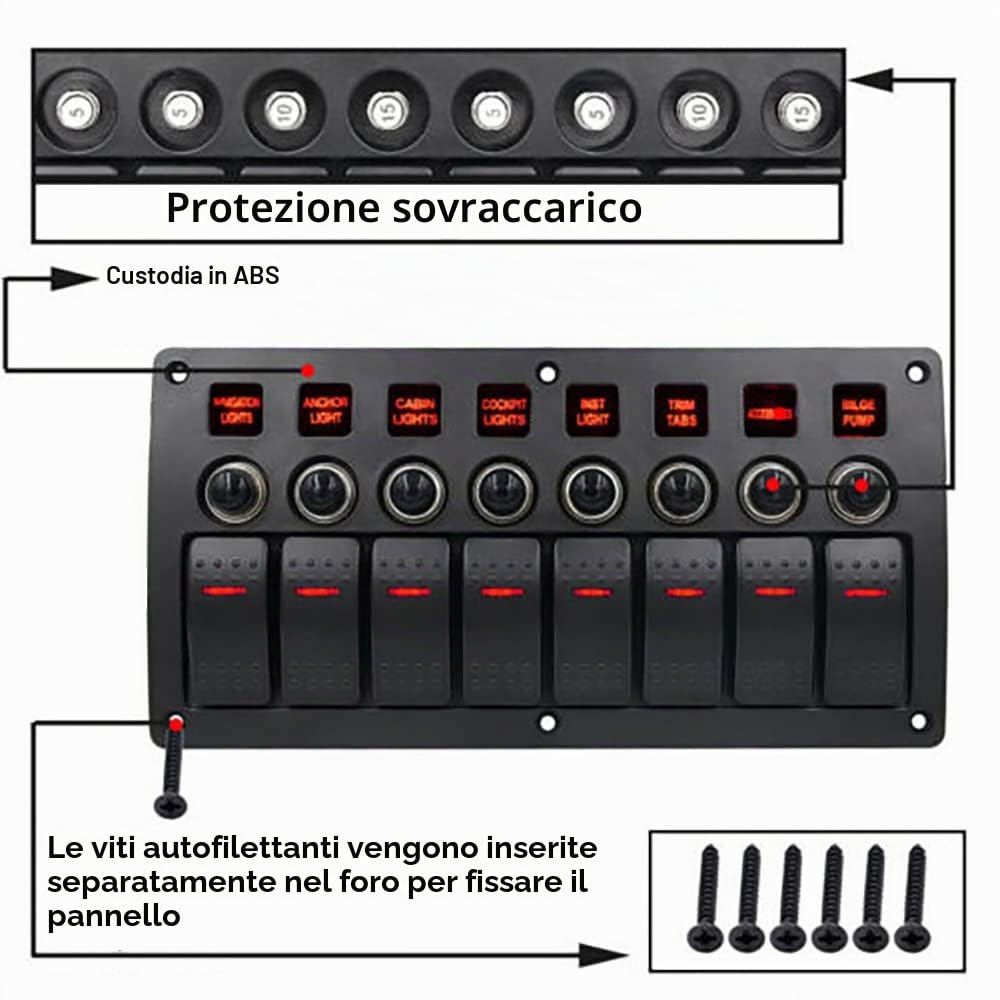 Riloer Pannello interruttori a levetta 8 vie, 12V 24V universale per barca, auto, marino, interruttori a levetta LED con indicatori, impermeabile, con luce verde/blu/rossa