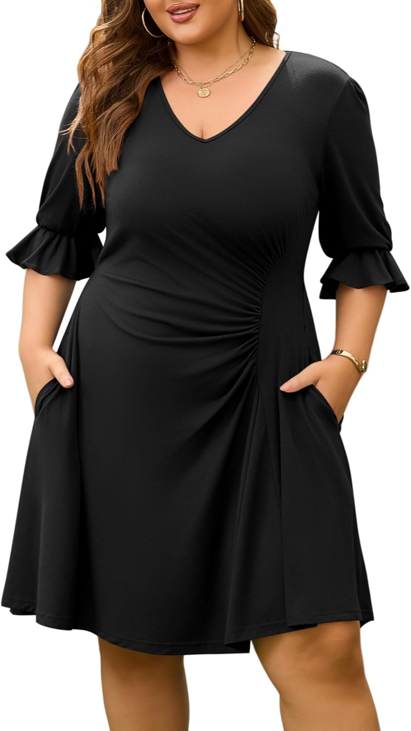 Women's Plus Size Dress V-Neck 3/4 Bell Sleeve Ruched Waist Flowy Midi Cocktail Party Casual Dress