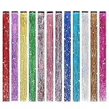 BHF 19 Inch Tinsel Hair Extensions Tinsel Kit Shiny Highlights Colorful 12 Colors Glitter Heat Resistant Hair Accessories for Girls