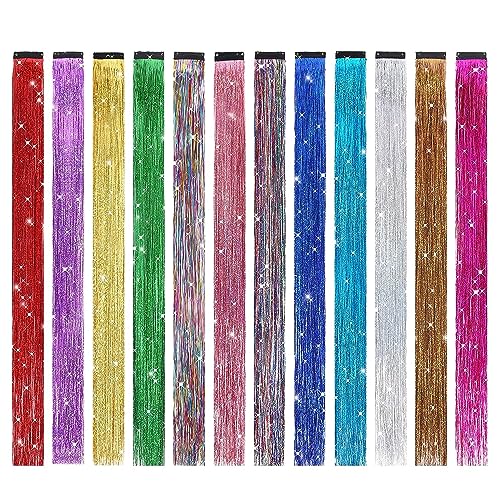 BHF 19 Inch Tinsel Hair Extensions Tinsel Kit Shiny Highlights Colorful 12 Colors Glitter Heat Resistant Hair Accessories for Girls