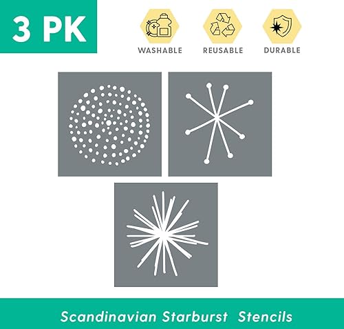 Miniatura 2 de Plantillas Starburst (3 diseños), plantillas grandes de copos de nieve nórdicos para pintar pisos, paredes, azulejos, muebles, tela, madera, cada