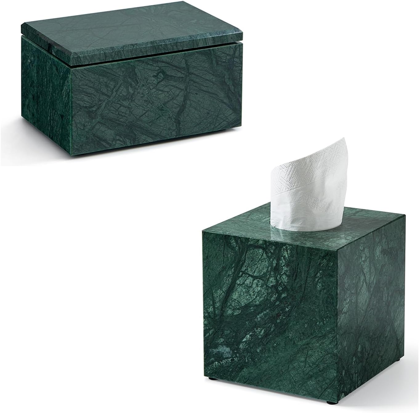 Marble Organizer Set: Luxury Jewelry Box with Lid & Square Tissue Box Cover | Solid Natural Stone Bathroom Vanity Set for Home Decor, Makeup, Cotton Swabs, Countertop
