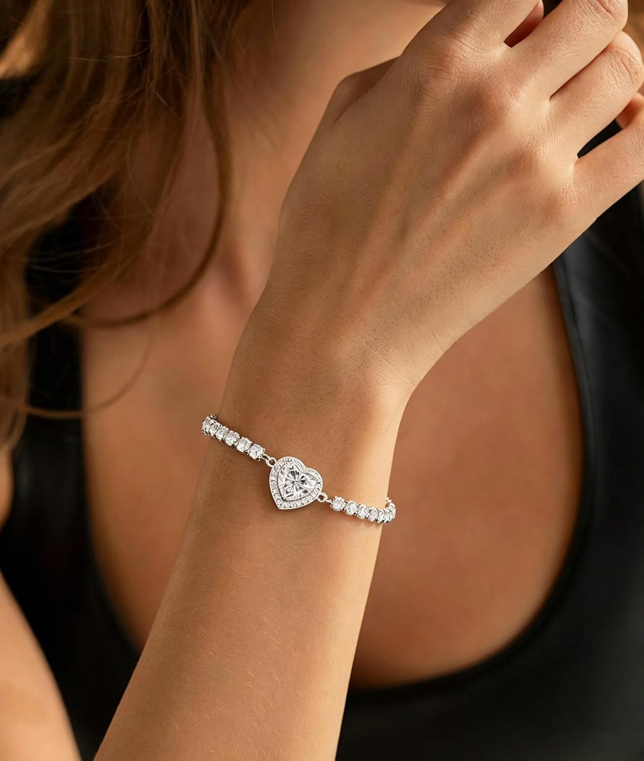 Tennis Moissanite Bracelet 925 Sterling Silver 1/2CT Heart Moissanite D Color VVS1 Jewelry Gift for Women (2mm/3mm/4mm/5mm)