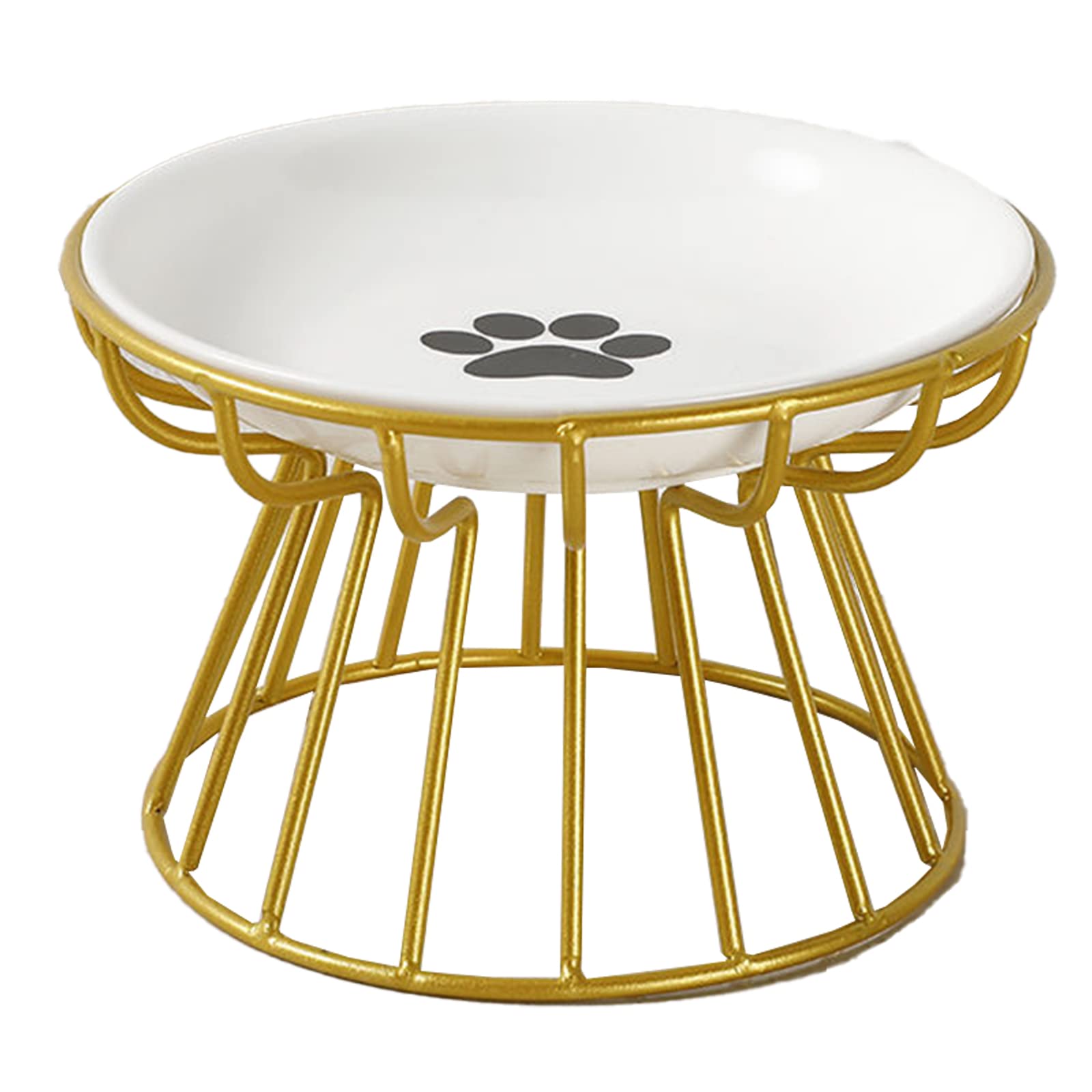 GALER Raised Cat Bowl, Food Bowl with Metal Stand, Ergonomic Plate Elevated Bowls Ceramic Anti Vomit Feeding Water Shallow Tilted Dish for Small s (Glod,Paw), Gold