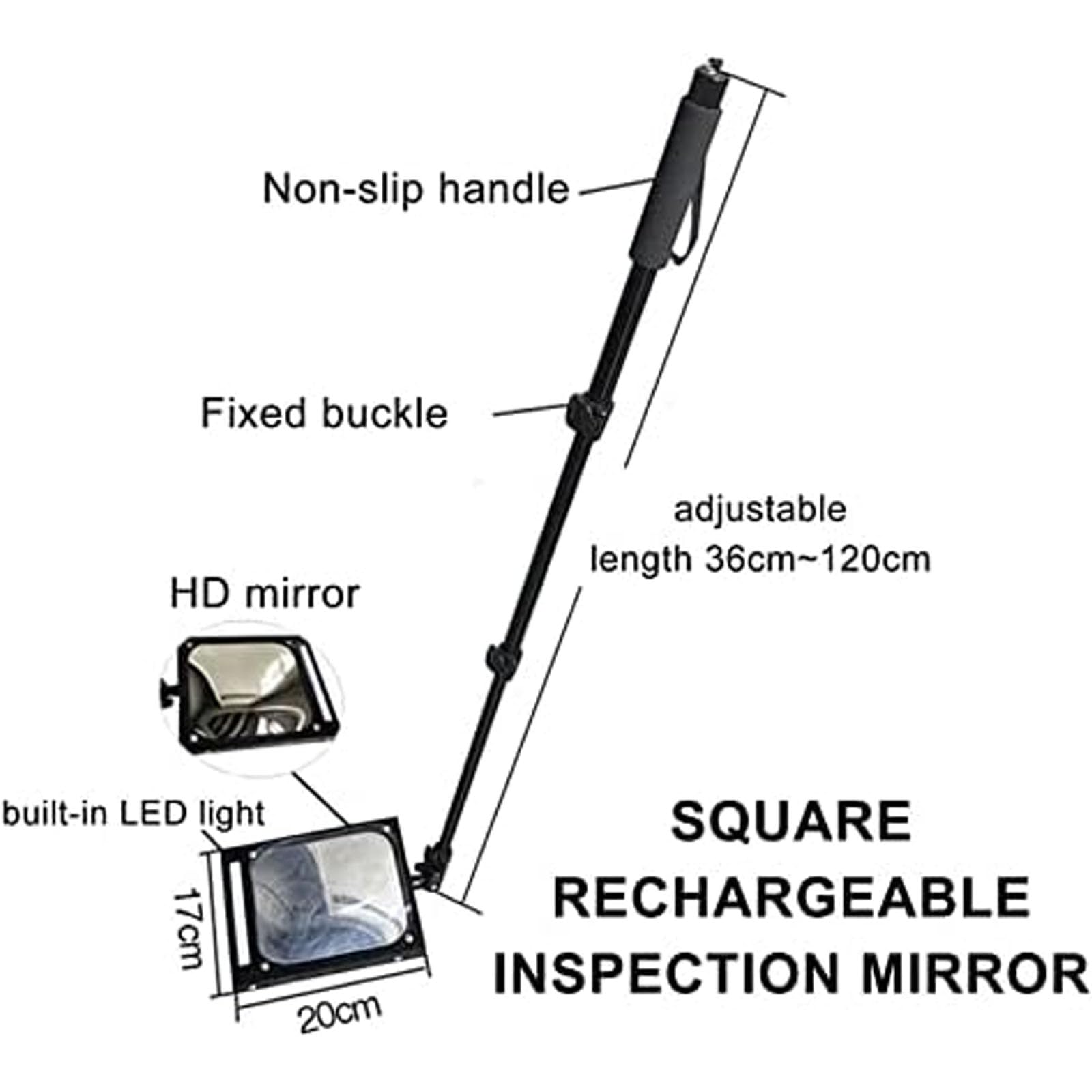 Specchietto per ispezione sotto il veicolo con luce LED, angolo regolabile, maniglia telescopica 36-120 cm, 20 x 17 cm, per ispezioni di sicurezza e sicurezza