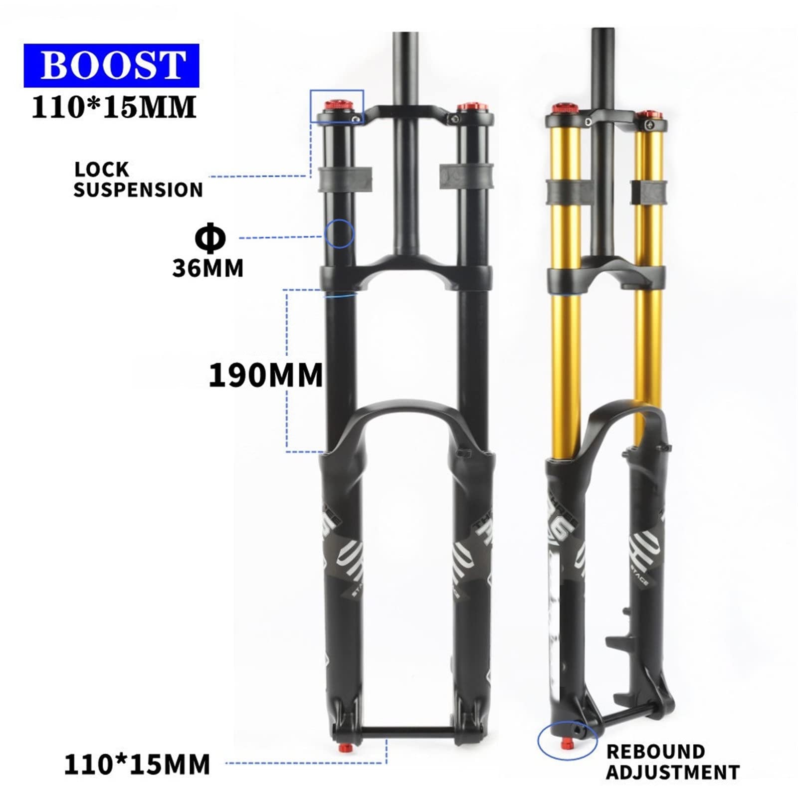 BOLANY-Fourche à suspension pneumatique VTT, fourche de vélo légère, amortissement, rebond réglable, Boost 15x27.5, axe traversant, R29, 29 pouces, 110  18