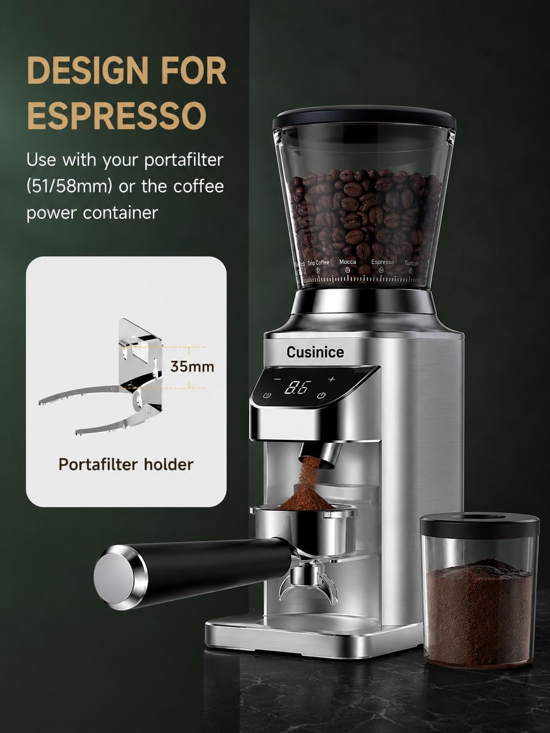 Stożkowy młynek do kawy do użytku domowego, antystatyczny młynek do espresso z 34 ustawieniami mielenia, zadzior ze stali nierdzewnej 40 mm, timer 0,1 s, uchwyt na portafilter, ekran dotykowy
