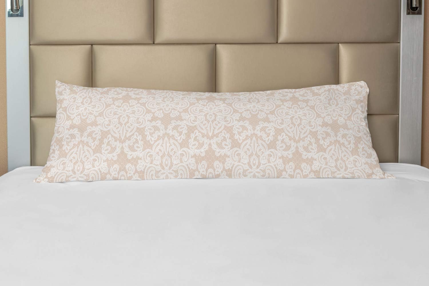 Lunarable Damask Body Pillow Case Cover with Zipper, Wedding Inspired Symmetrical Design White Lace Style Background Pattern Vintage, Decorative Accent Long Pillowcase, 21" x 54", White and Tan