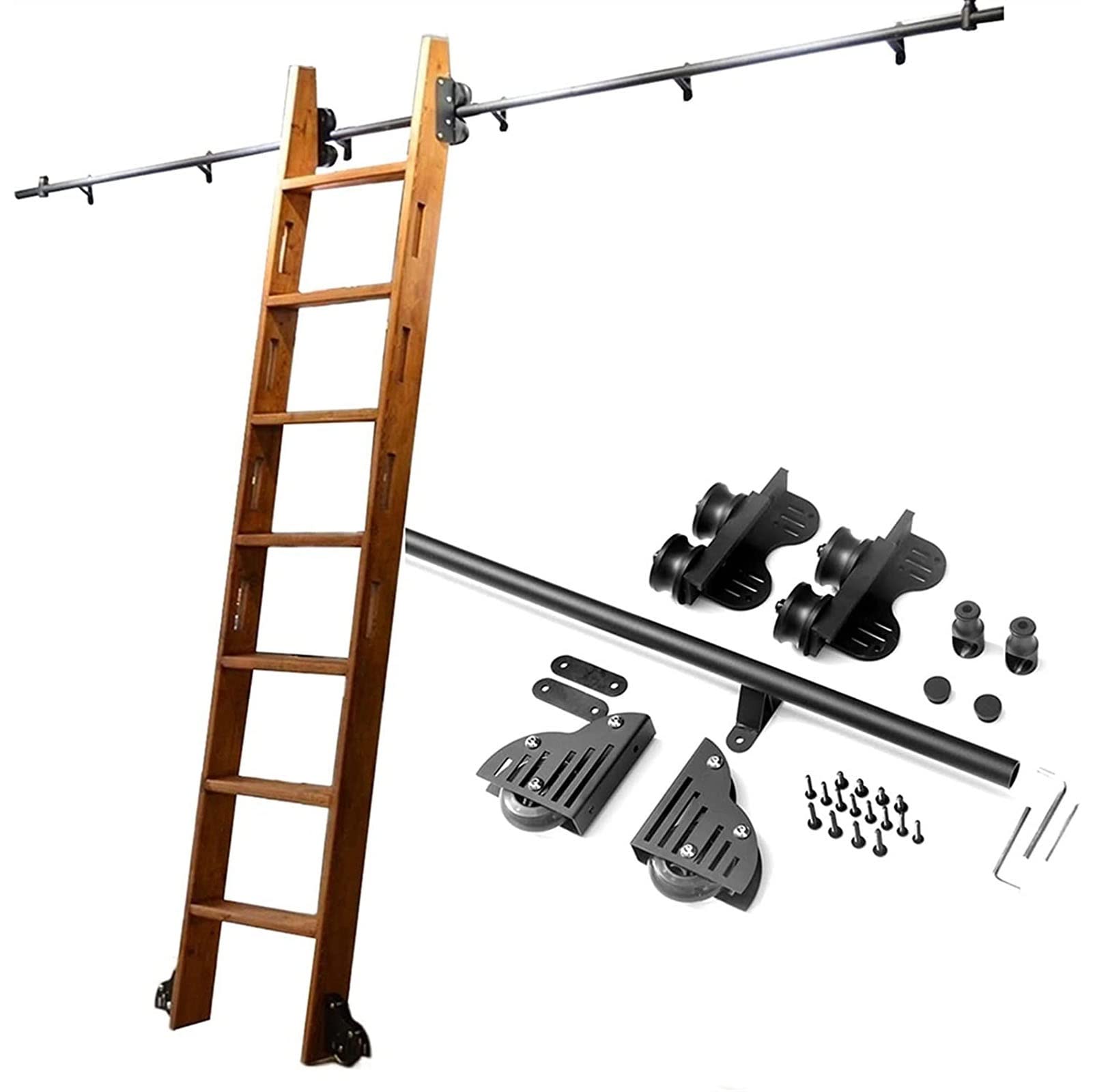 LWJSOCP 3.3ft-20ft Library Sliding Ladder Hardware Kit，Retractable Ladder Hanger Rail Rolling Ladder Hardware Round Tube Mobile Ladder Rail with Brakes Floor Roller Wheels (Size : 9.8ft/300cm track