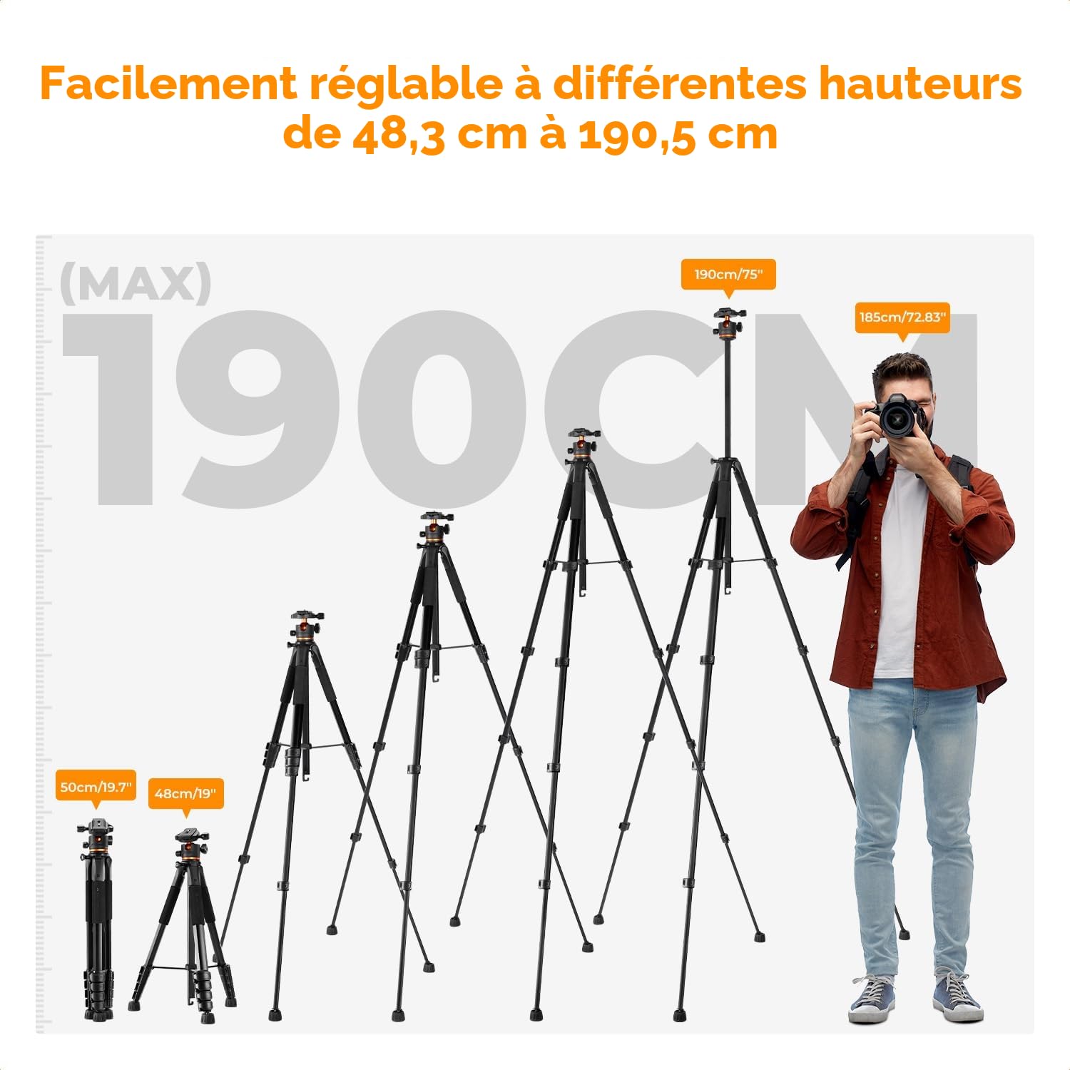 K&F CONCEPT Trépied Appareil Photo 190cm, S255A3+BH-36 Trépieds Caméra Compact avec 360° Rotule Ball pour DSLR Caméra,Trépied Smartphone avec Téléphone Support, 8kg Charge Max
