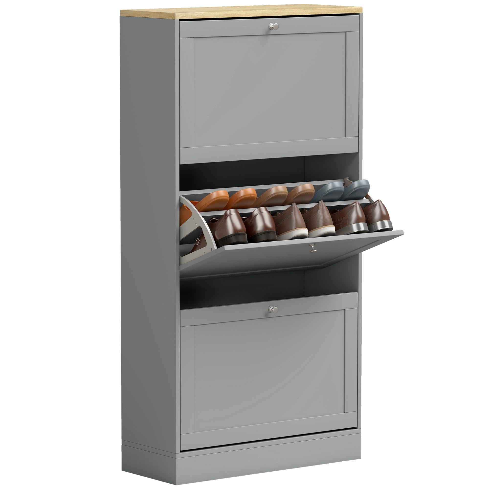 HOMCOM Shoe Cabinet with 3 Flip Drawers, Narrow Slim Shoe Rack, Grey