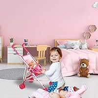 Vista 8 de Anivia Colección de muñecas de bebé, cochecito de muñeca con diseño de corazón, regalos para niños pequeños y niñas, cochecito de muñeca plegable