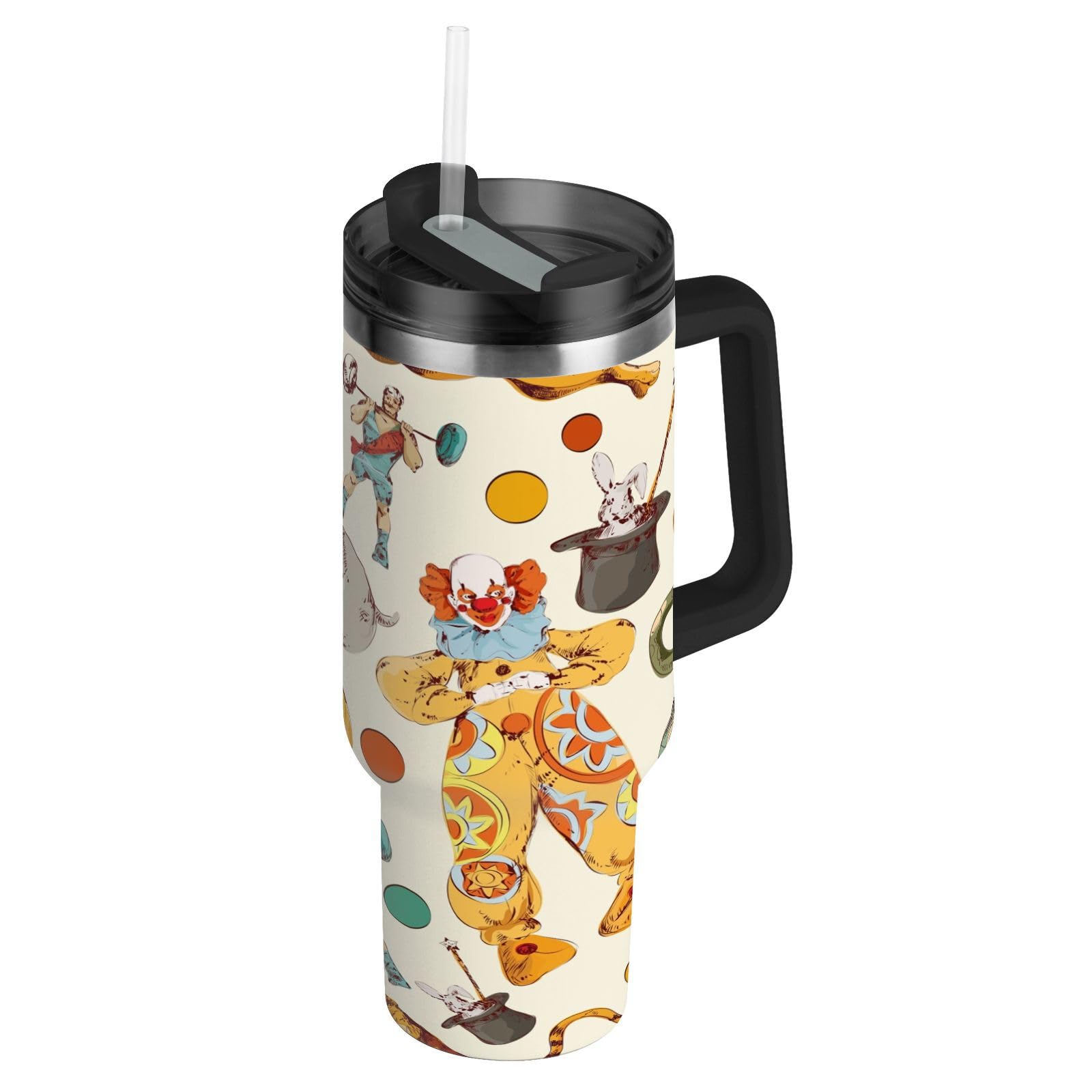 Isolierter Trinkbecher Vintage Zirkus Clown doppelwandig Edelstahl Wasserflasche Kaffeetasse Reisebecher mit Griff Strohhalm Deckel