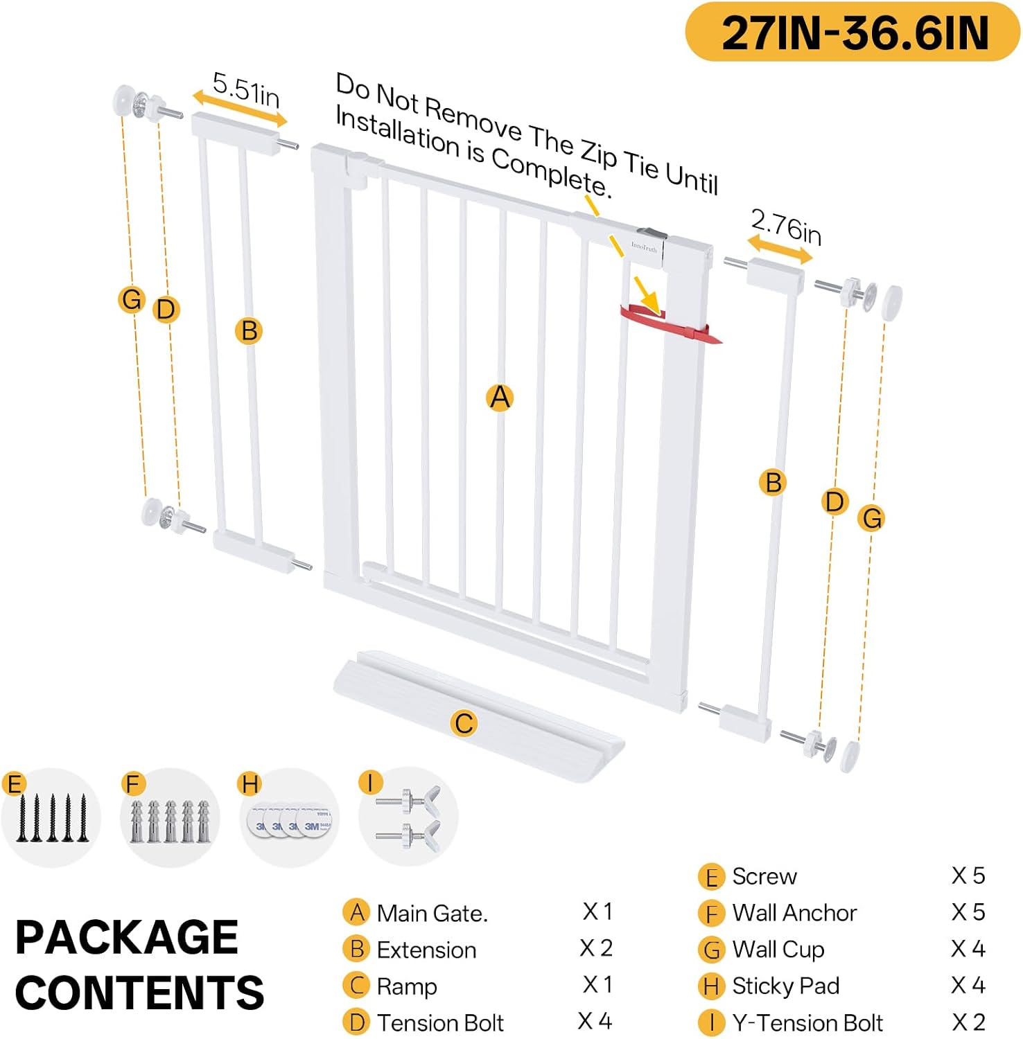InnoTruth 27-36.6 in Wide Baby Gate for Stairs and Doorways, White | Indoor Metal Dog Gate for Pets, Auto Close 2 Way Swing Walk Through Door, Double Lock & Y-Bolts, Pressure or Hardware Mount