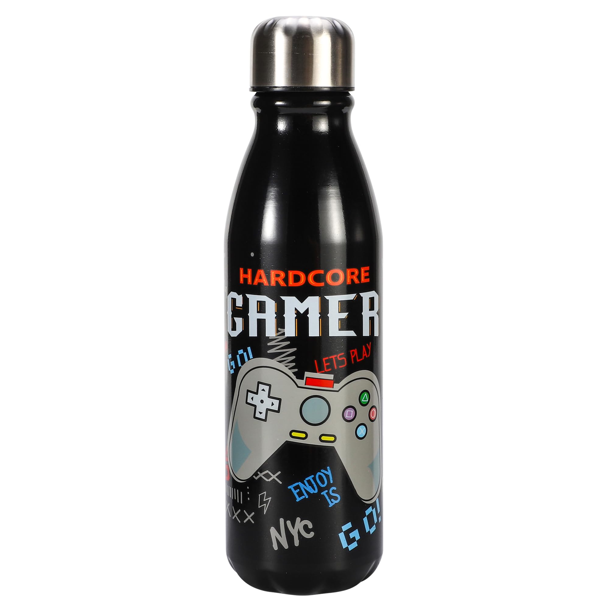 Hartom Gamer Aluminium Water Bottle, 600ml Lightweight Single-Wall Metal Drinks Bottle with Leak-Proof Screw Cap, Gaming Themed Reusable Bottle for School, Sports, Gym and Office
