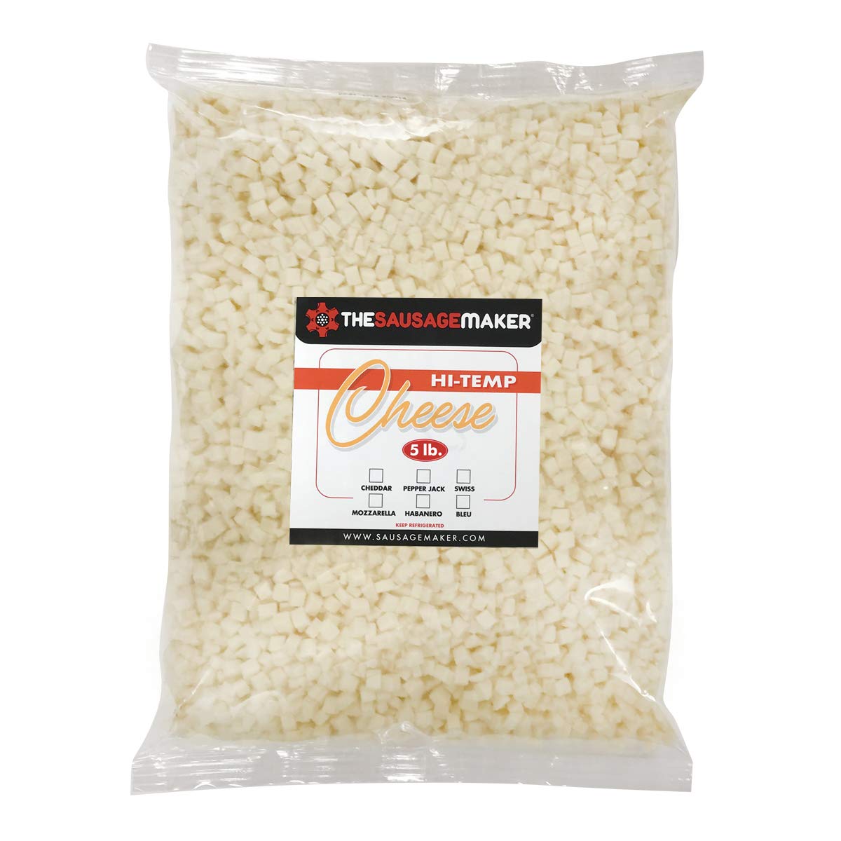 The Sausage Maker High Temp Mozzarella Cheese 5 Lbs Hi-Temp Cheese for Sausage Making, 1/4 inch Diced Cube, 400° Temperature High Heat Cheese for Grilling, Salami, Snack Sticks