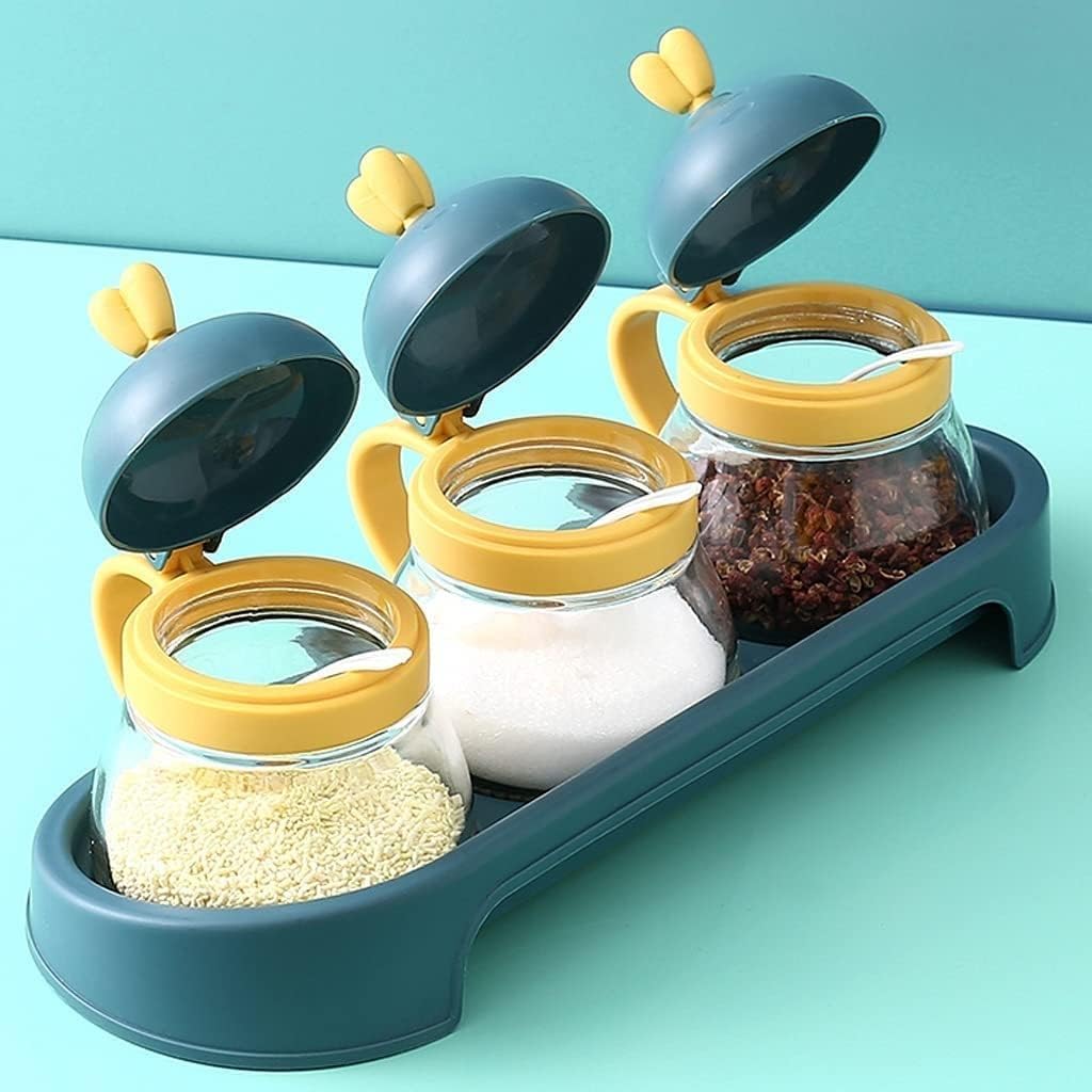 Pots à Épices Assaisonnement Box Set Ensemble De Récipients À Condiments En Verre Avec Couvercle En Plastique, Cuillère Et Plateau, Coffret D'assaisonnement, Bouteille D'assaisonnement Transparente De