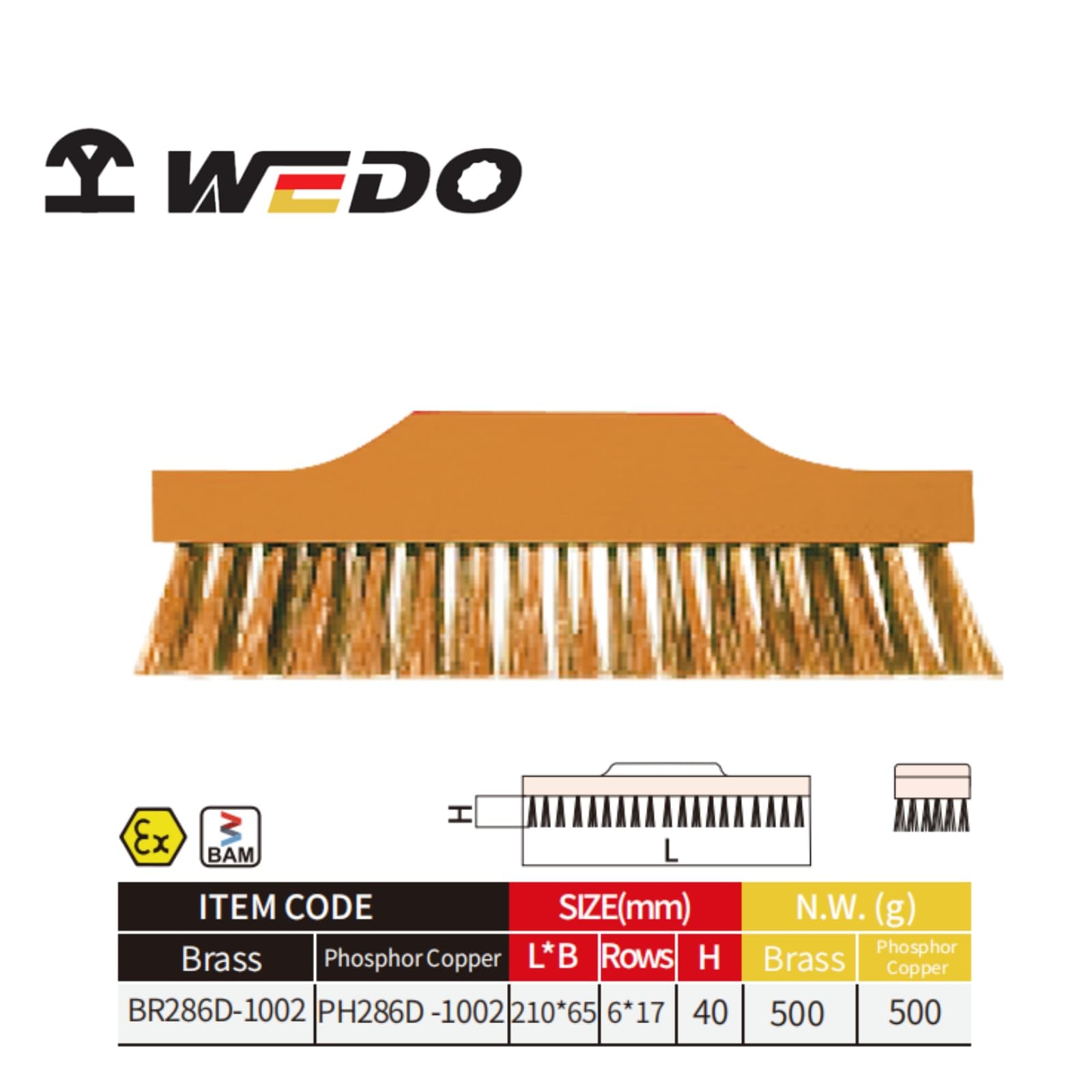 WEDO Cepillo de bronce fosforado, escoba de alambre de 8 x 2.5 pulgadas, escoba de alambre de cerdas de latón suave para limpiar óxido de metal, soldaduras, cepillos de cables resistentes para metal
