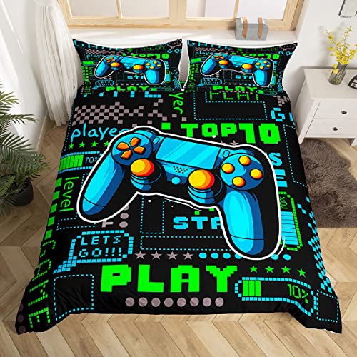 Manfei Youth Gaming Duvet Cover Set Queen Size, Modern Gamer Reversible Comforter Cover With 2 Pillowcases, Vide Games Bedding Set 3Pcs For Kids Boys Teens Bedroom Decor, Blue Gamepad Bedspread #TOP2
