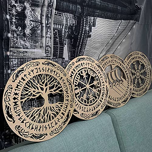 Image of Tucocoo 4 Pieces Viking Wooden Wall Decor Tree of Life Wall Art Nordic Viking Runes Amulet Wall Decor Wooden Viking Warship Home Decor Can Be Graffiti, Ready to Hang Living Room Decor-12''x12''x0.2''