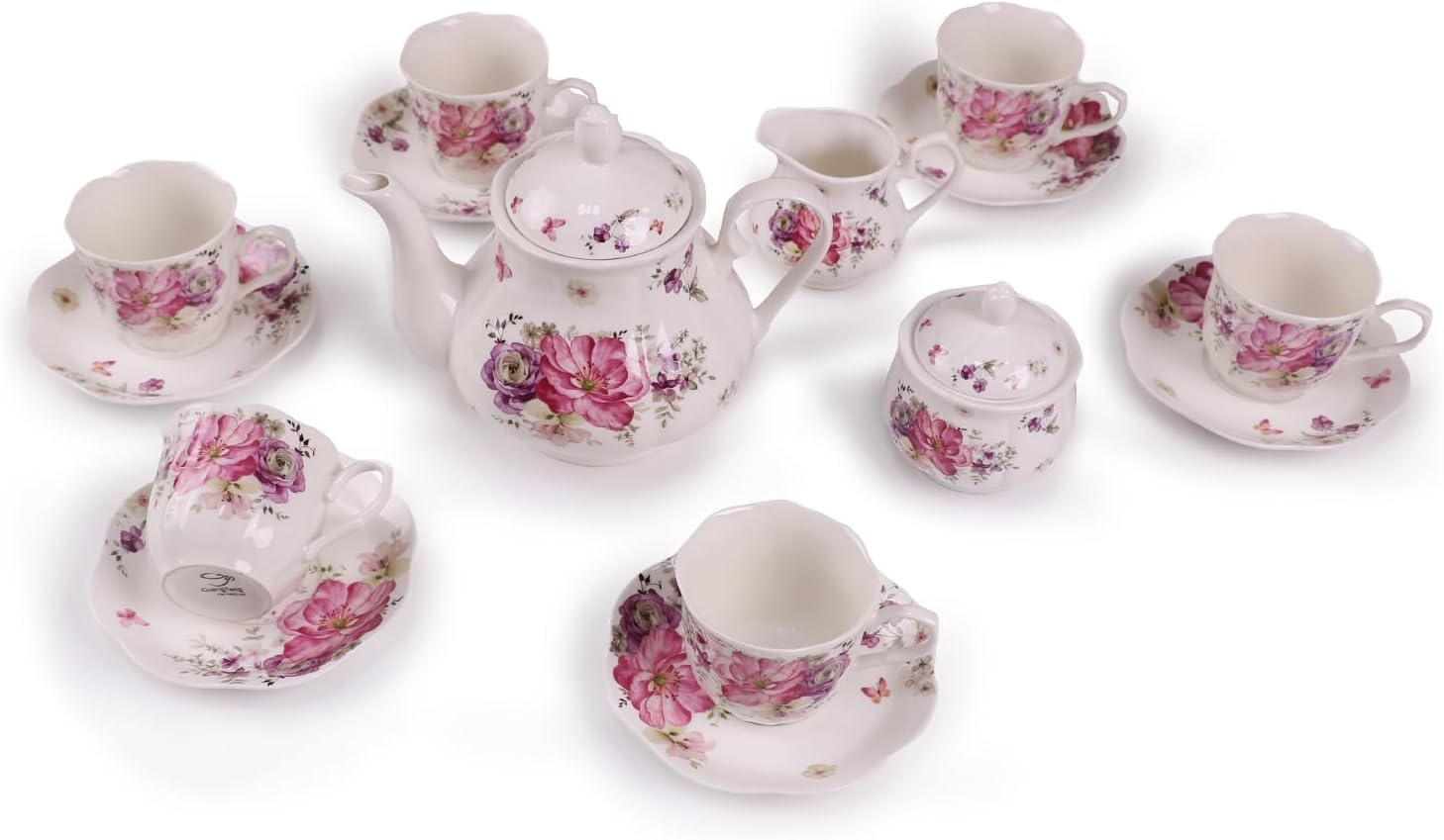 Guangyang 15pcs Porcelain Tea Sets 7 OZ Cups& Saucer Service for 6, with Teapot Sugar Bowl Cream Pitcher for Tea/Coffee