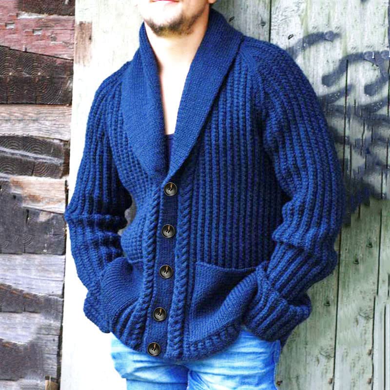 Men's Shawl Collar Cardigan Sweater Cable Knit Textured Long Sleeve Buttons Down Sweater with Pocket2