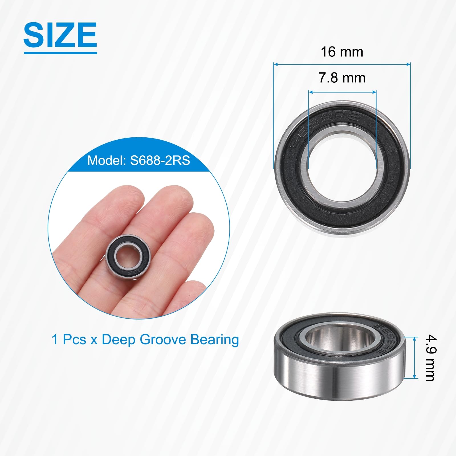 uxcell 1Pcs S688-2RS Fishing Reel Bearings Stainless Steel Bearing, 7.8 mm ID X16mm OD X4.9mm H Deep Groove Miniature Ball Bearing for Baitcasting Reel Industrial & Scientific