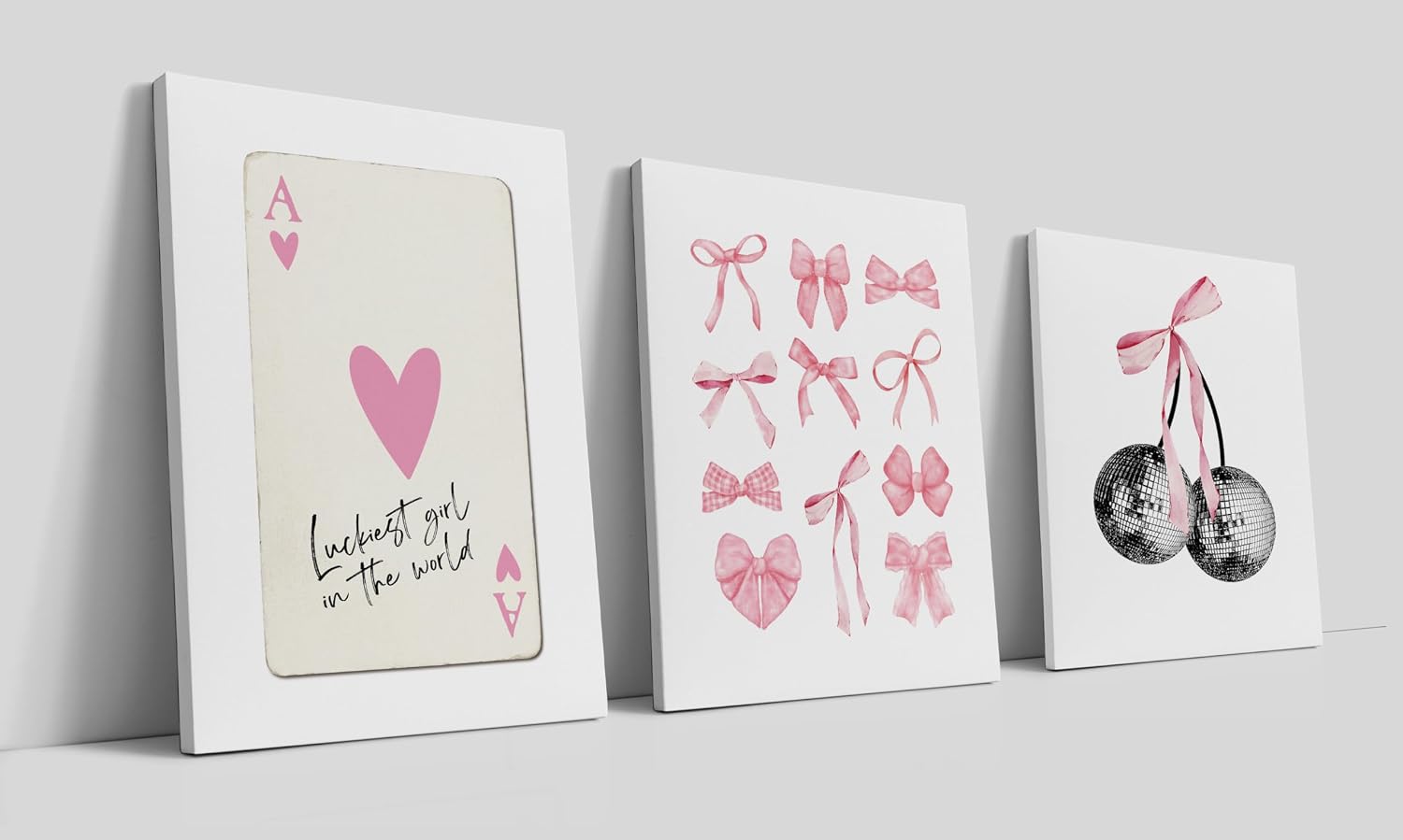LiTiu Canvas Wall Art, Coquette Preppy Room Decor Aesthetic, Canvas Prints Set of 3, Pink Bows Cherry Preppy Coquette Wall Decor for Girls Bedroom Dorm 11x14 in