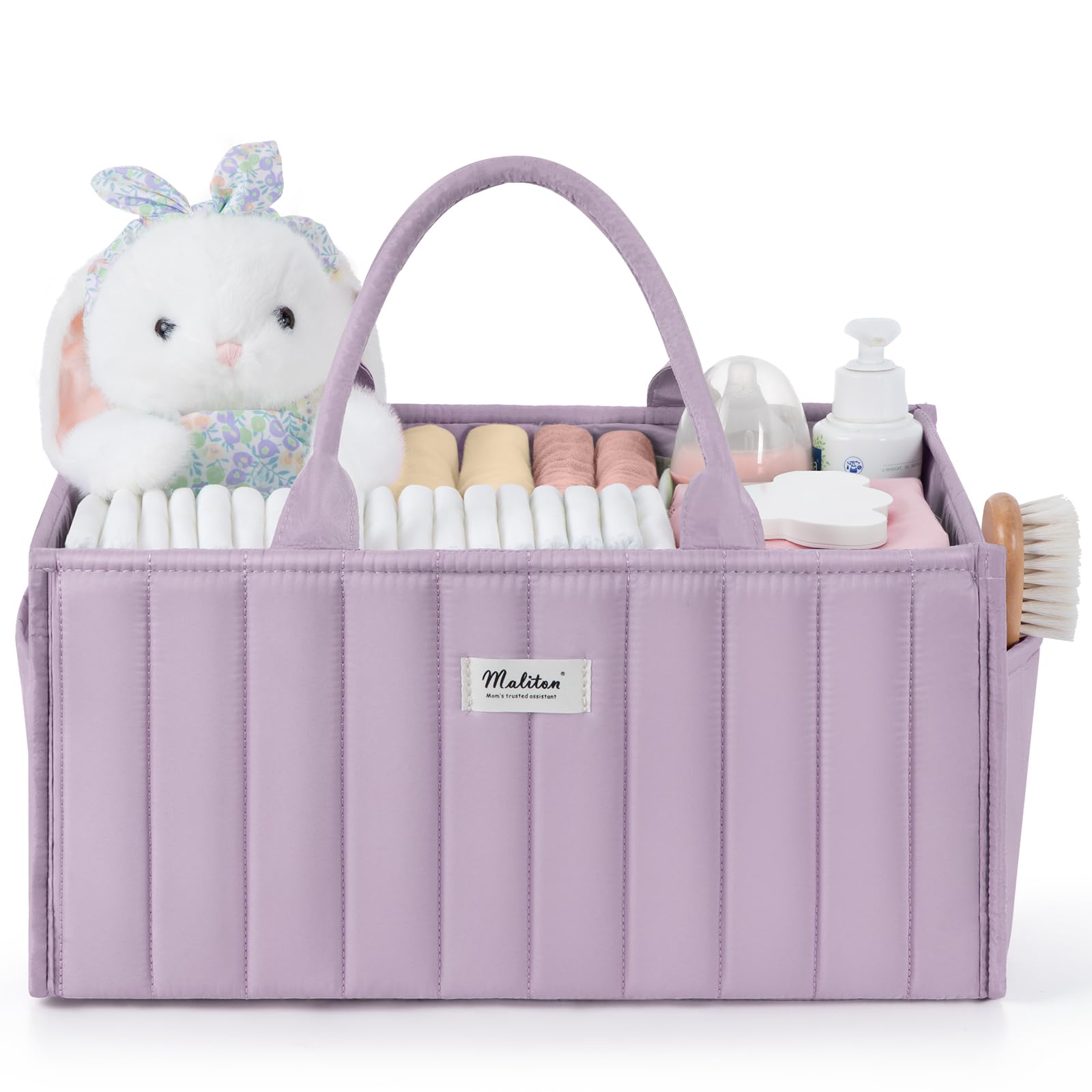 Maliton Nappy Caddy Organiser, Baby Changing Caddy with Removable Dividers and 2 Side Pockets, Portable Nursery Storage Basket for Nappies, Wipes, Bottles and Newborn Essentials for New Mum, Purple