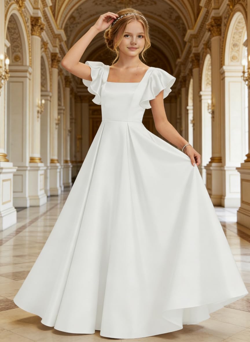 Maxianever Junior Bridesmaid Dress for Wedding Satin Ruffle Sleeve A-Line Formal Gown for Teen Girls