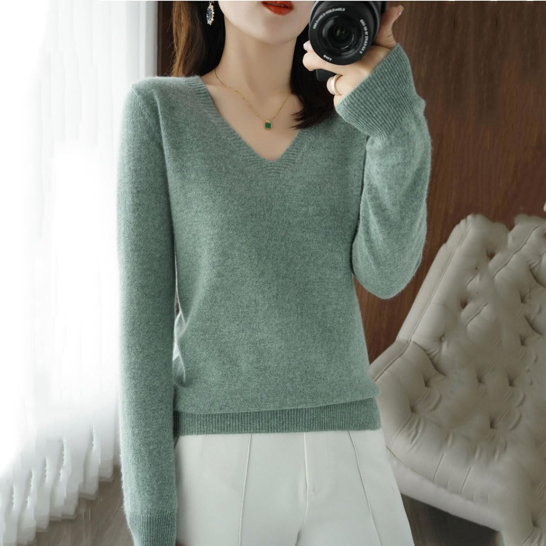 Kaschmirpullover Für Damen, Pullover Mit V-Ausschnitt Herbst Und Winter Pullover, Strickpullover Langarm Pullover Für Herbst Winter, 100% Wolle Kaschmir Damen Locker Lässig, Grün, L
