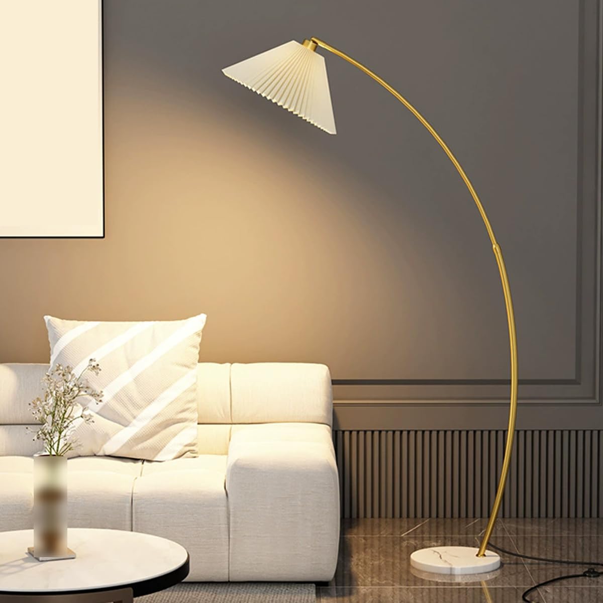 HGJHJJHK 65″ Arc Floor Lamp Modern Corner Standing Lamp with Adjustable Hanging Pleated Lampshade Gold Floor Lamps with Foot Switch Over Couch Tall Reading Light Pole Lamp for Bedroom Office