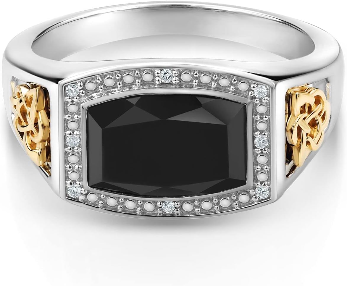 Gem Stone King 4.51 Cttw Black Onyx and White Lab Grown Diamond Ring For Men | 925 Silver and 10K Yellow Gold | Emerald Cut 11X8MM | Available In Size 7, 8, 9, 10, 11, 12, 13