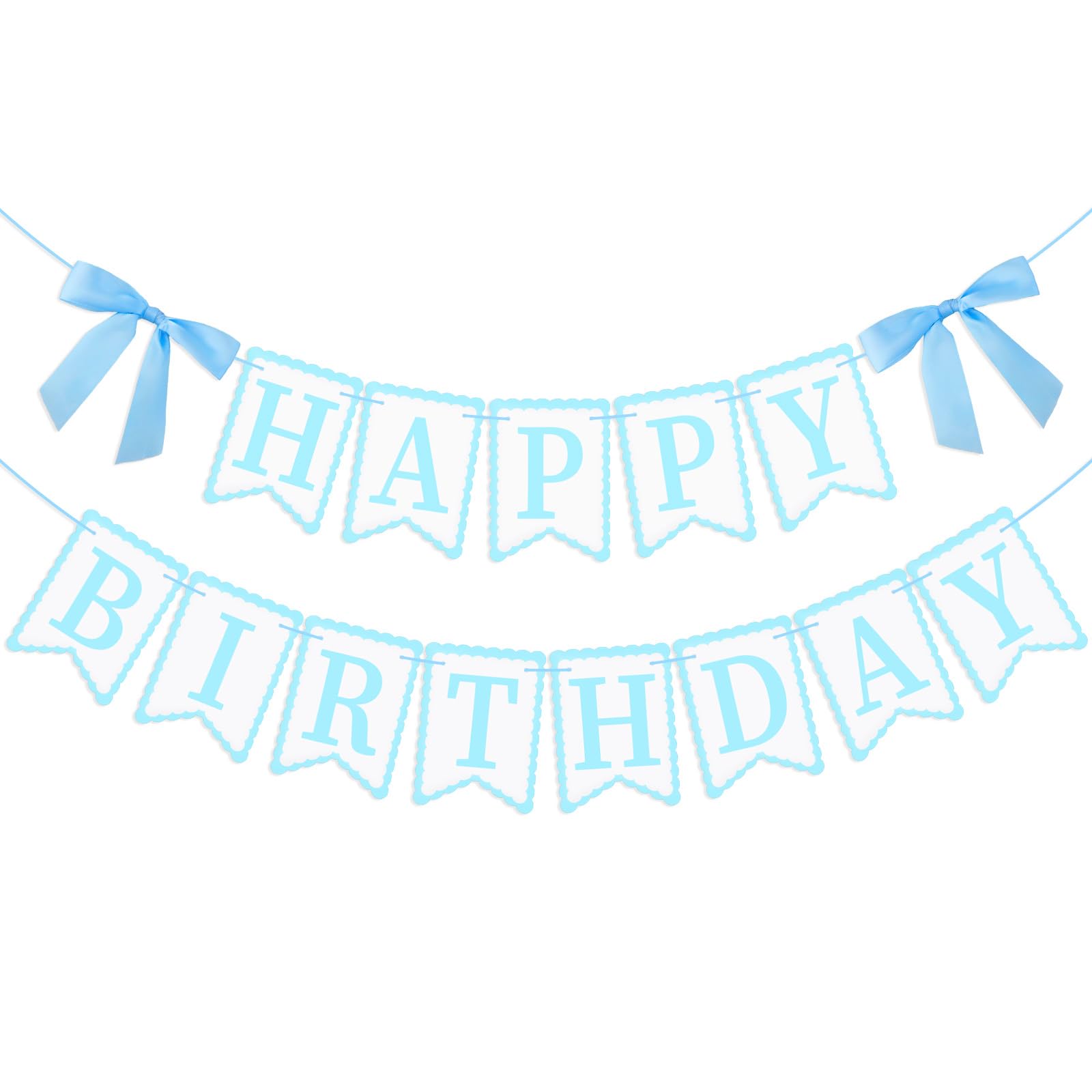 BLMHTWO Blue Bow Happy Birthday Banner, Light Blue Baby Blue Happy Birthday Sign with Bow Garland Decorations for Bow Theme Birthday Party Baby Shower Neutral Party Supplies