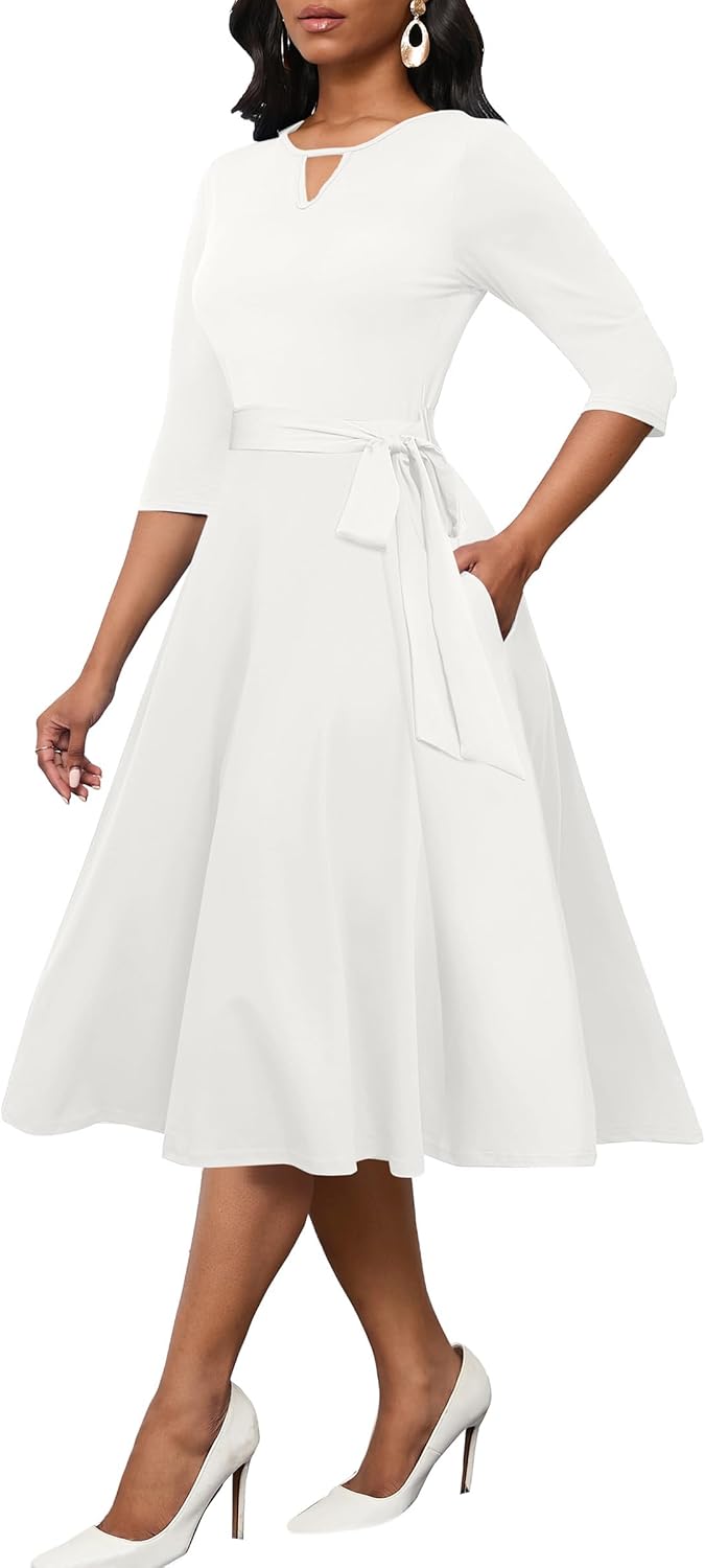 CLOCOR Midi Dresses for Women Casual A-Line Fit and Flare Dress Crewneck 3/4 Sleeve Keyhole Cocktail Party Church Dress