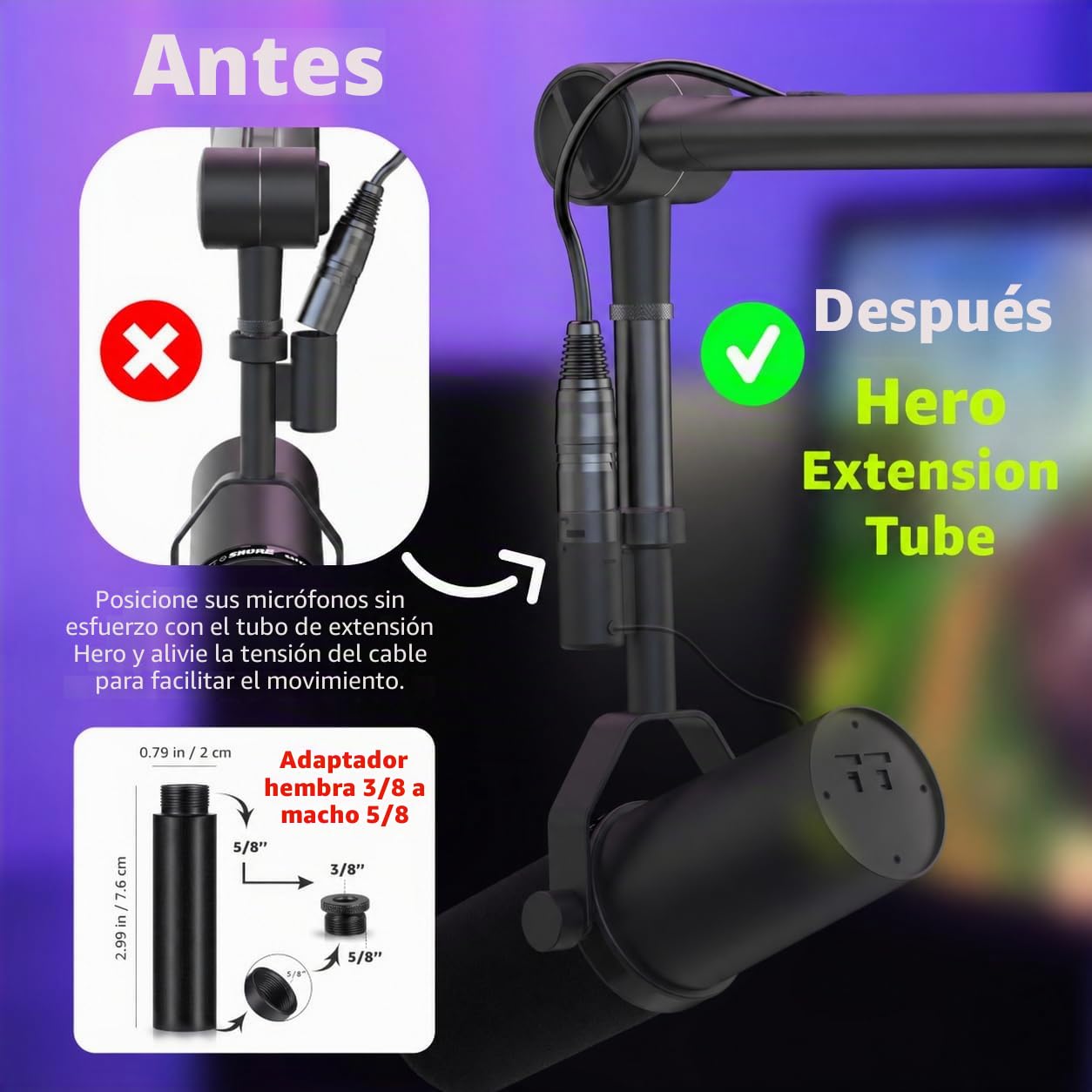IXTECH Soporte de micrófono de brazo con tubo de extensión mejorado para Shure SM7B MV7 Blue Yeti azul Yeti, soporte de escritorio plegable con brazo de tijera para juegos de podcast