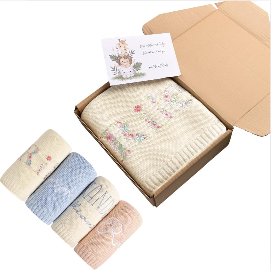 Personalised Baby Blanket – Custom Knit Cotton with Embroidered Name | Soft & Breathable Newborn Blanket with Gift Box & Card – Ready for Gifting