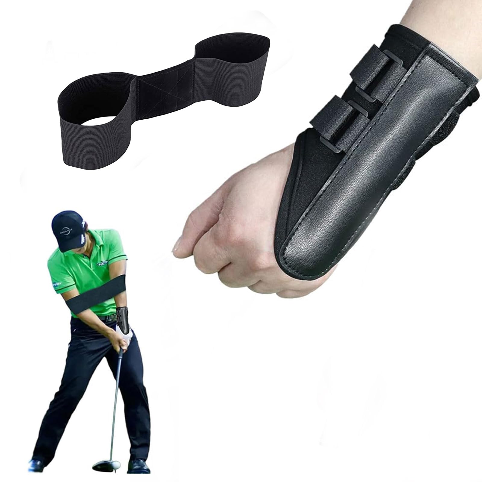 LQHZC プロ選手監修 ダウンブローマスター ゴルフ練習器具 手首 矯正 ゴルフグッズ 右利き左利き兼用 ハンドファースト スイング改善 PU皮革 付属リストバンド (A)