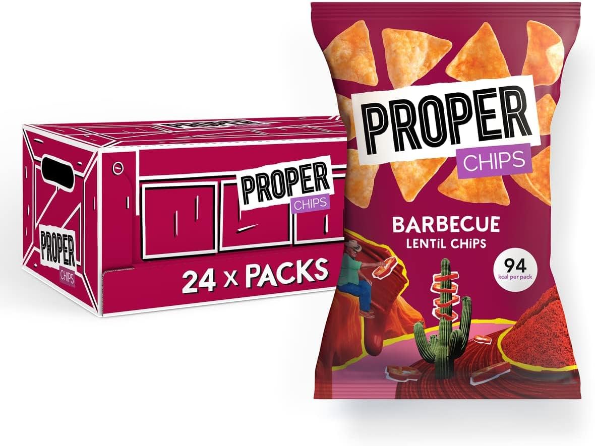Properchips Crunchy Lentil Crisps 24 Bags x 20g Satisfyingly Healthy Snacks (BBQ Barbeque)