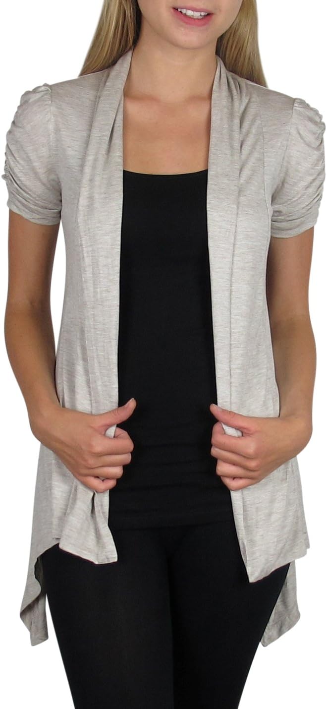 Smooth Fashion Women's Short Sleeve Open Flyaway Cardigan Sweater (Small, Oatmeal)