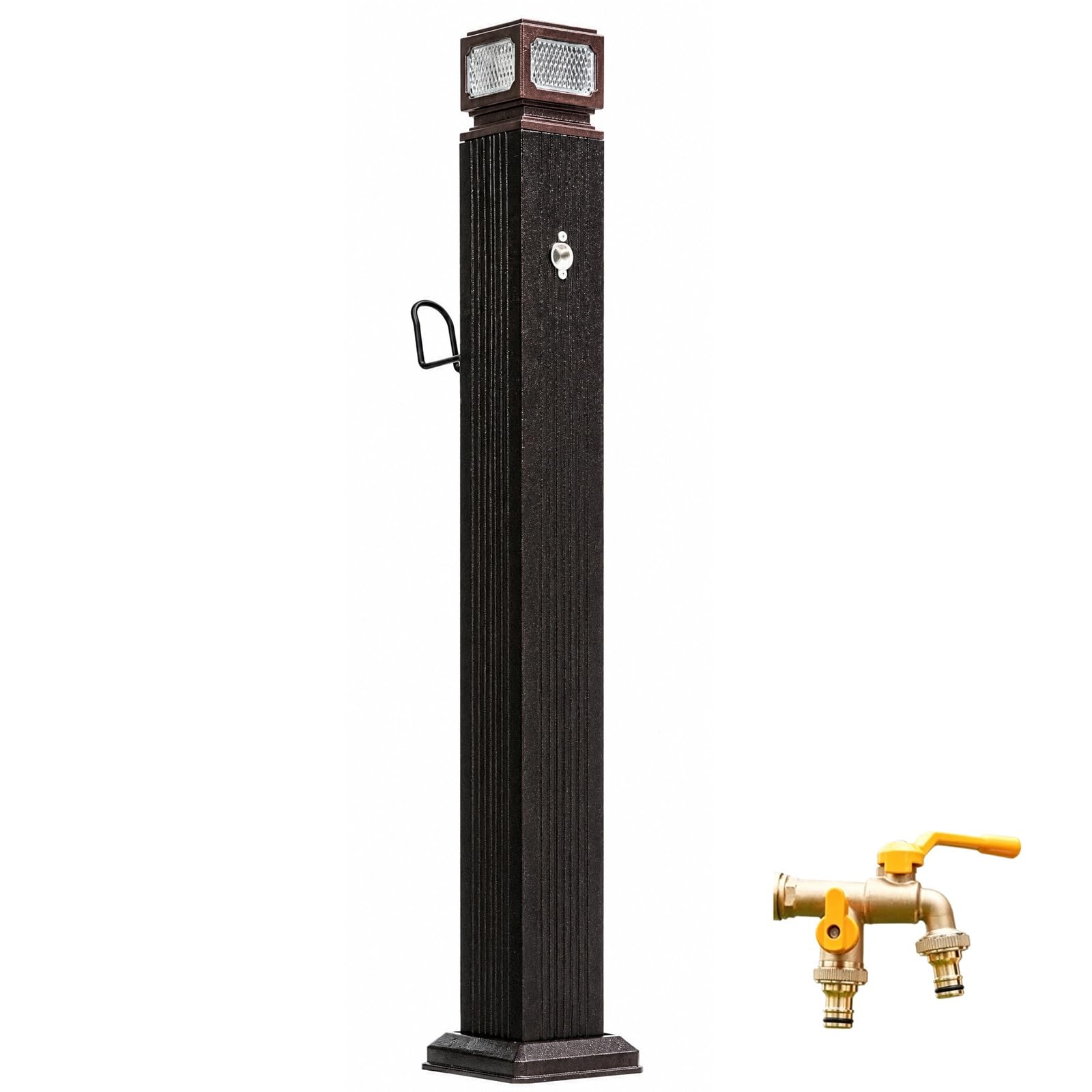 Brown Solar Garden Water Column, Frost Proof Yard Hydrant with Dual Brass Outdoor Faucet for Backyard, Patio Yard Irrigation