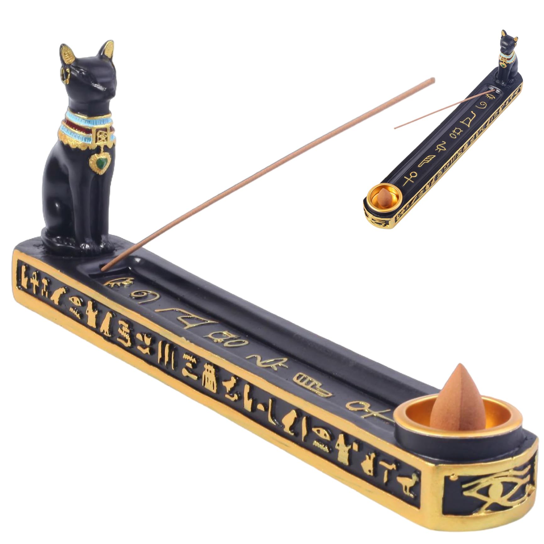 Vervevum Incense Holder for Sticks, 10x3.5x1.5 Incense Holder Egyptian Cat Burner with Ash Catcher, Ancient Resin Burner for Yoga, Meditation, Temple