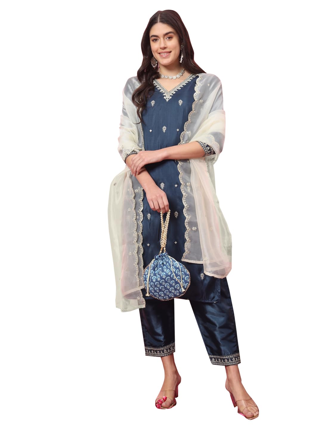 VredeVogel Women's Silk Blend Kurta Pant Set with Organza Heavy Embroidery Dupatta